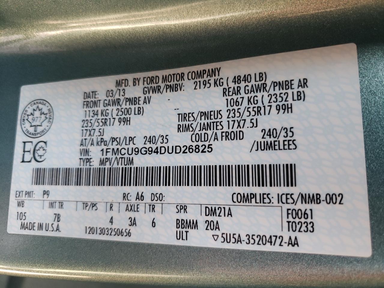 Photo 10 from auction – 2013 FORD ESCAPE SE with VIN 1FMCU9G94DUD26825