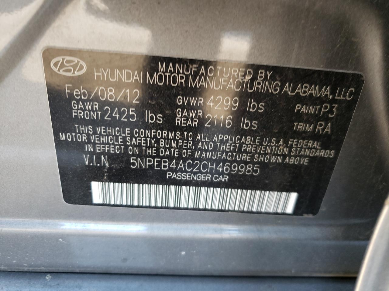Photo 10 from auction – 2012 HYUNDAI SONATA GLS with VIN 5NPEB4AC2CH469985