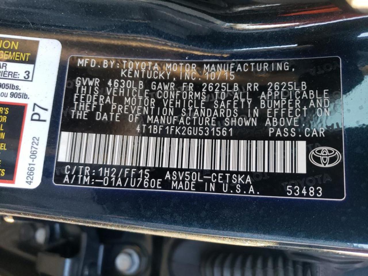 Photo 10 from auction – 2016 TOYOTA CAMRY LE with VIN 4T1BF1FK2GU531561
