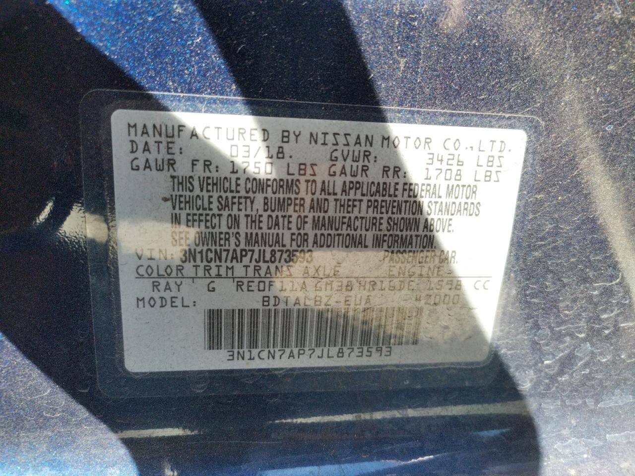 Photo 10 from auction – 2018 NISSAN VERSA S with VIN 3N1CN7AP7JL873593