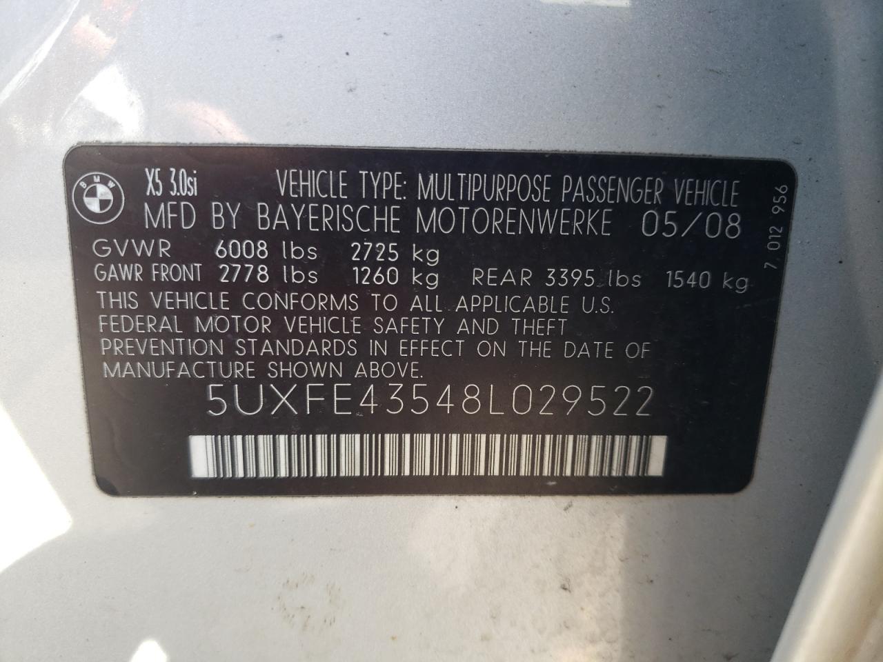 Photo 10 from auction – 2008 BMW X5 3.0I with VIN 5UXFE43548L029522