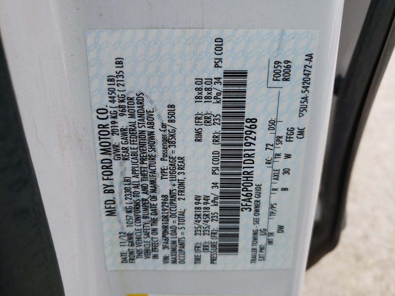 Photo 10 from auction – 2013 FORD FUSION SE with VIN 3FA6P0HR1DR192968