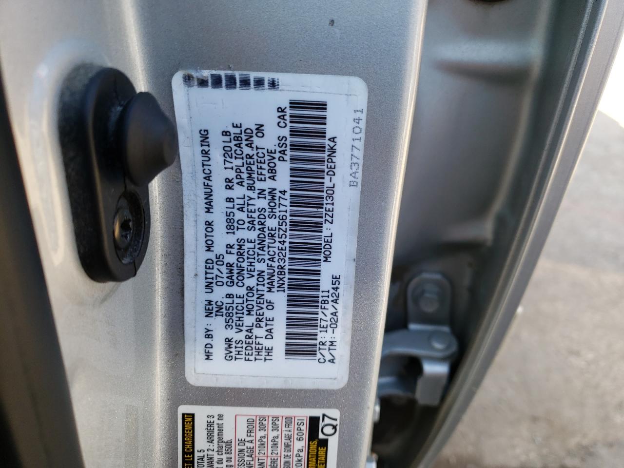 Photo 10 from auction – 2005 TOYOTA COROLLA CE with VIN 1NXBR32E45Z561774