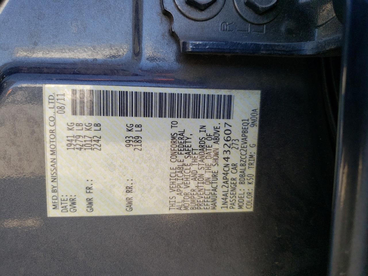 Photo 10 from auction – 2012 NISSAN ALTIMA BAS with VIN 1N4AL2AP4CN432607