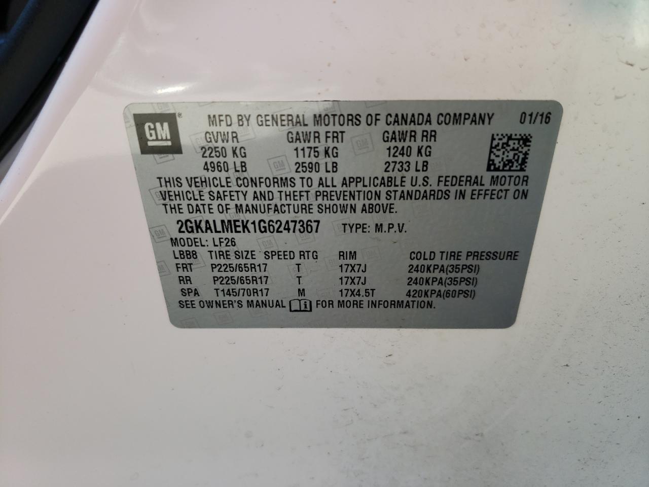 Фото 10 с аукциона – 2016 GMC TERRAIN SL с VIN 2GKALMEK1G6247367