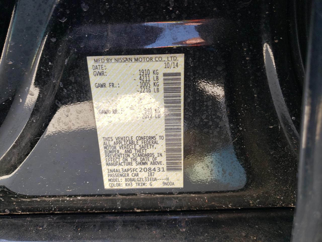 Photo 10 from auction – 2015 NISSAN ALTIMA 2.5 with VIN 1N4AL3AP5FC208431
