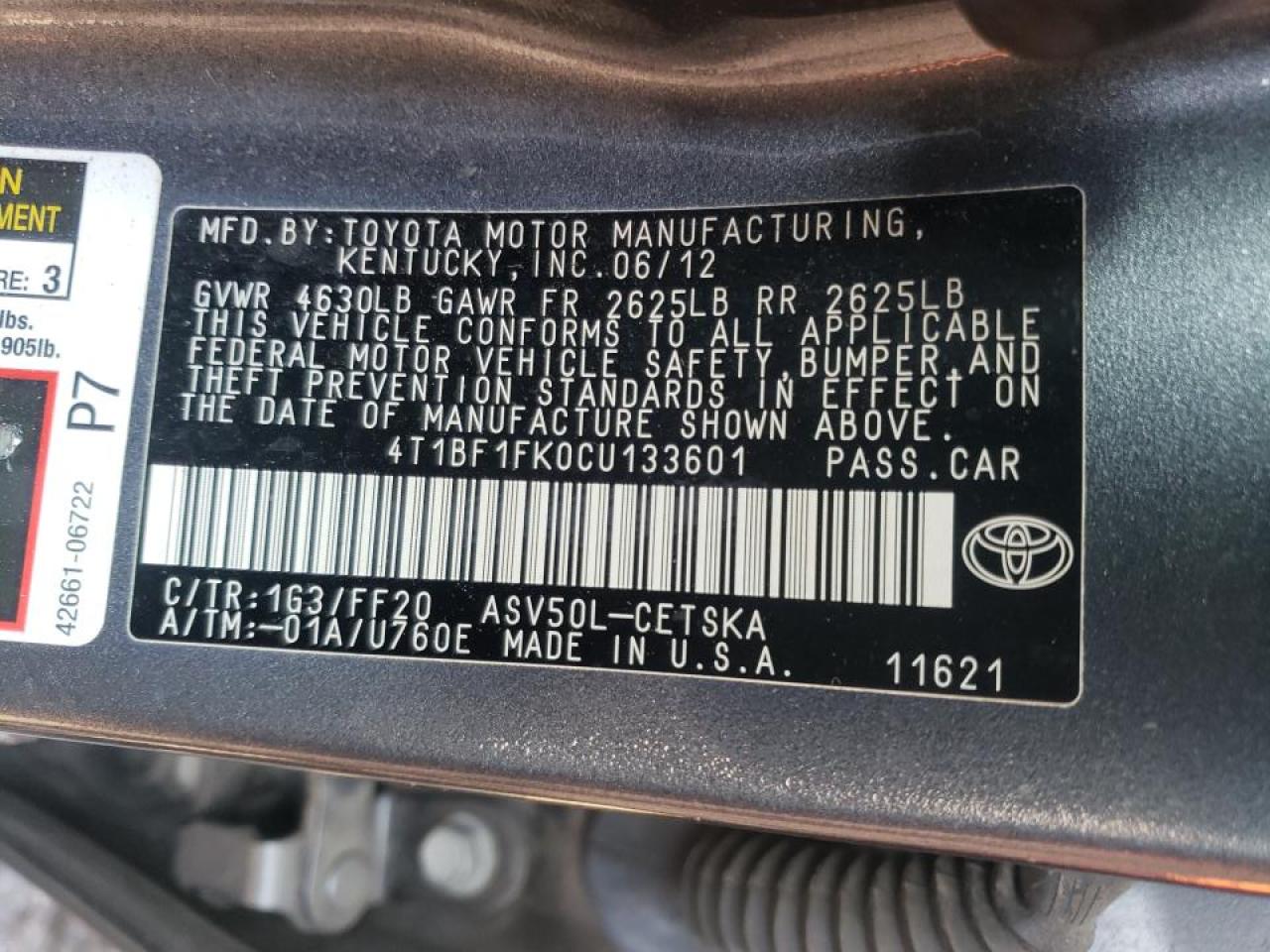 Photo 10 from auction – 2012 TOYOTA CAMRY BASE with VIN 4T1BF1FK0CU133601