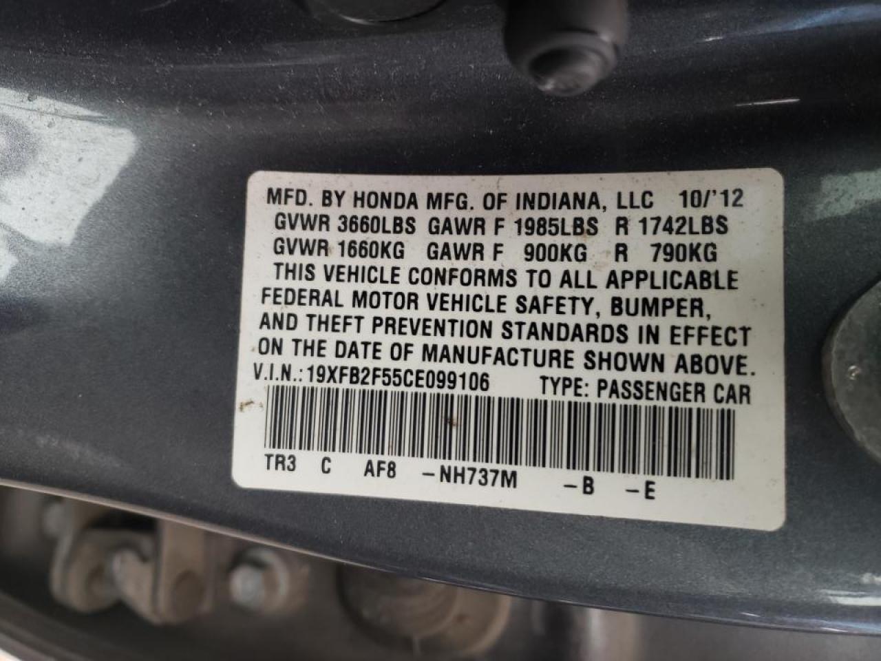Photo 10 from auction – 2012 HONDA CIVIC LX with VIN 19XFB2F55CE099106