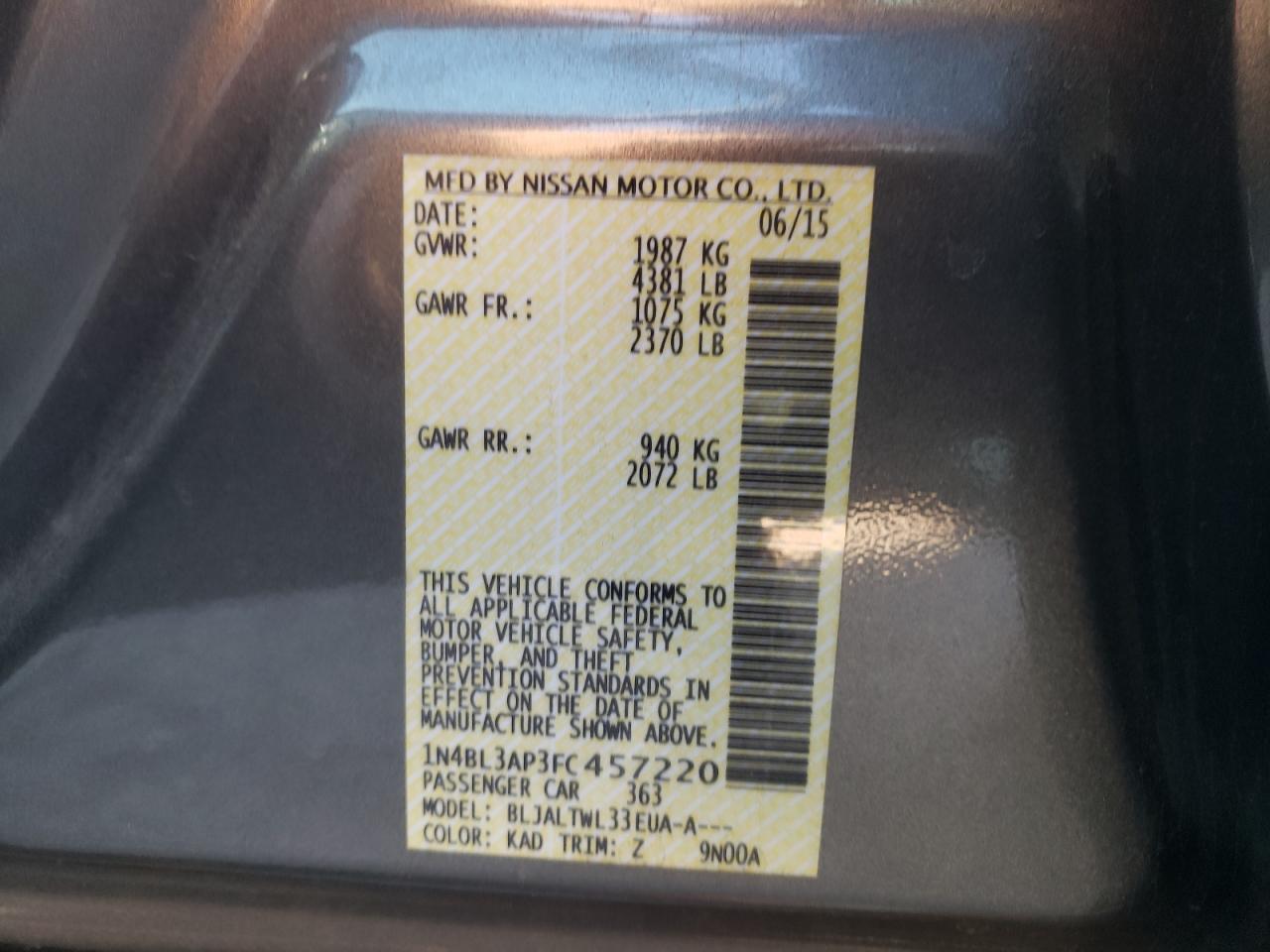 Photo 10 from auction – 2015 NISSAN ALTIMA 3.5 with VIN 1N4BL3AP3FC457220