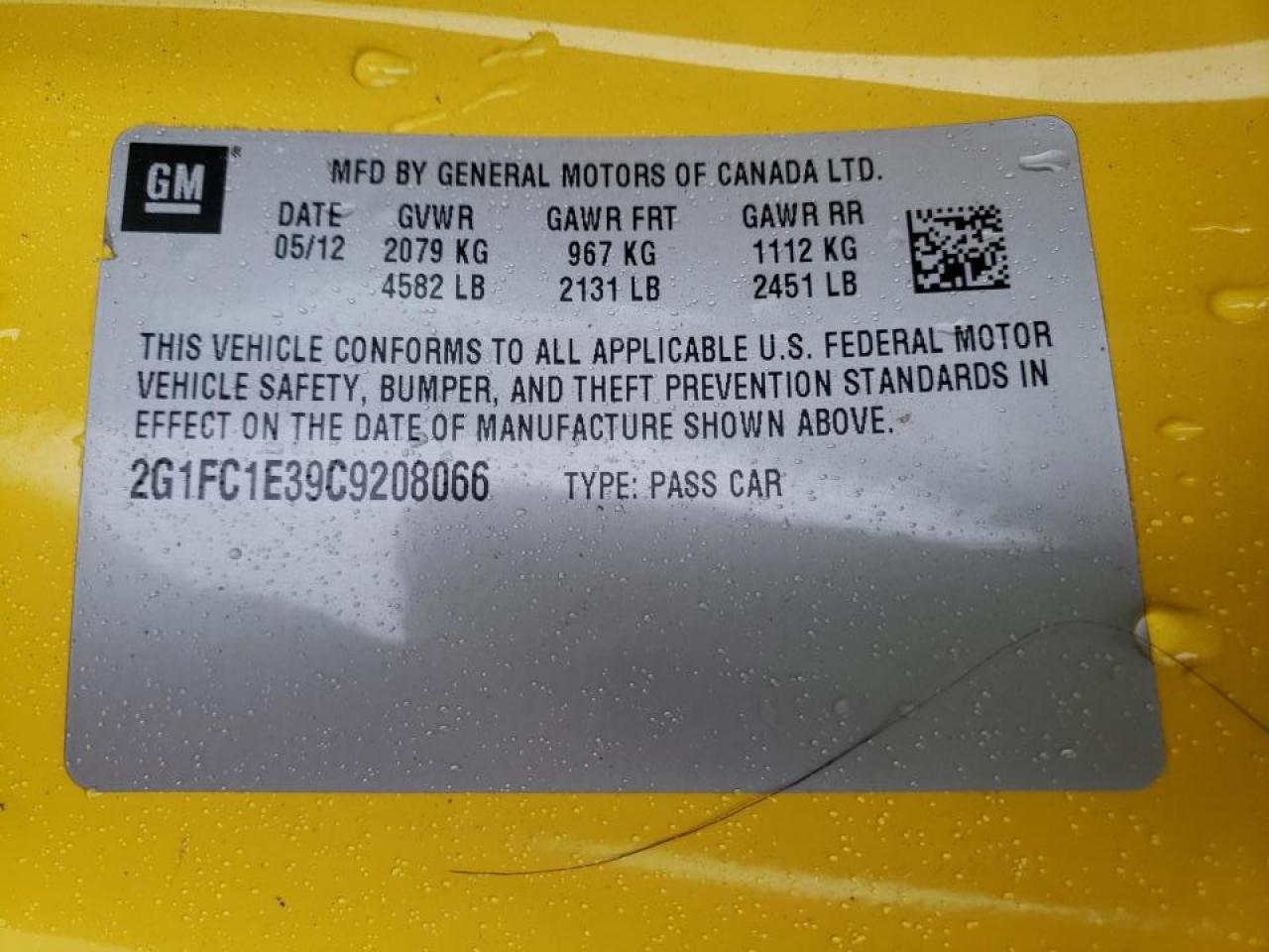 Photo 10 from auction – 2012 CHEVROLET CAMARO LT with VIN 2G1FC1E39C9208066