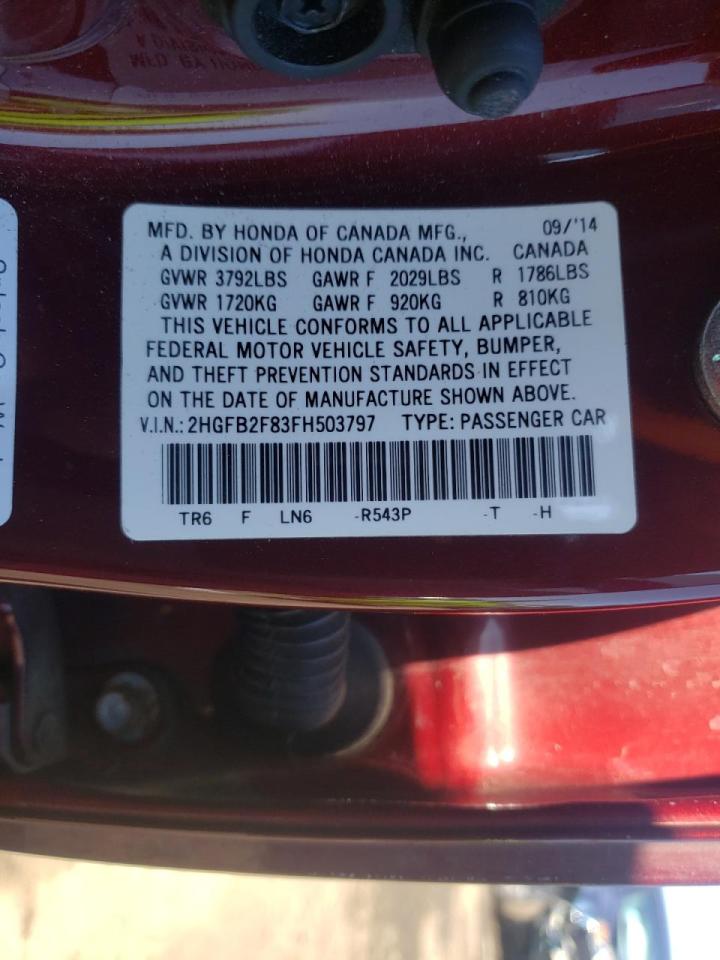 Photo 10 from auction – 2015 HONDA CIVIC EX with VIN 2HGFB2F83FH503797