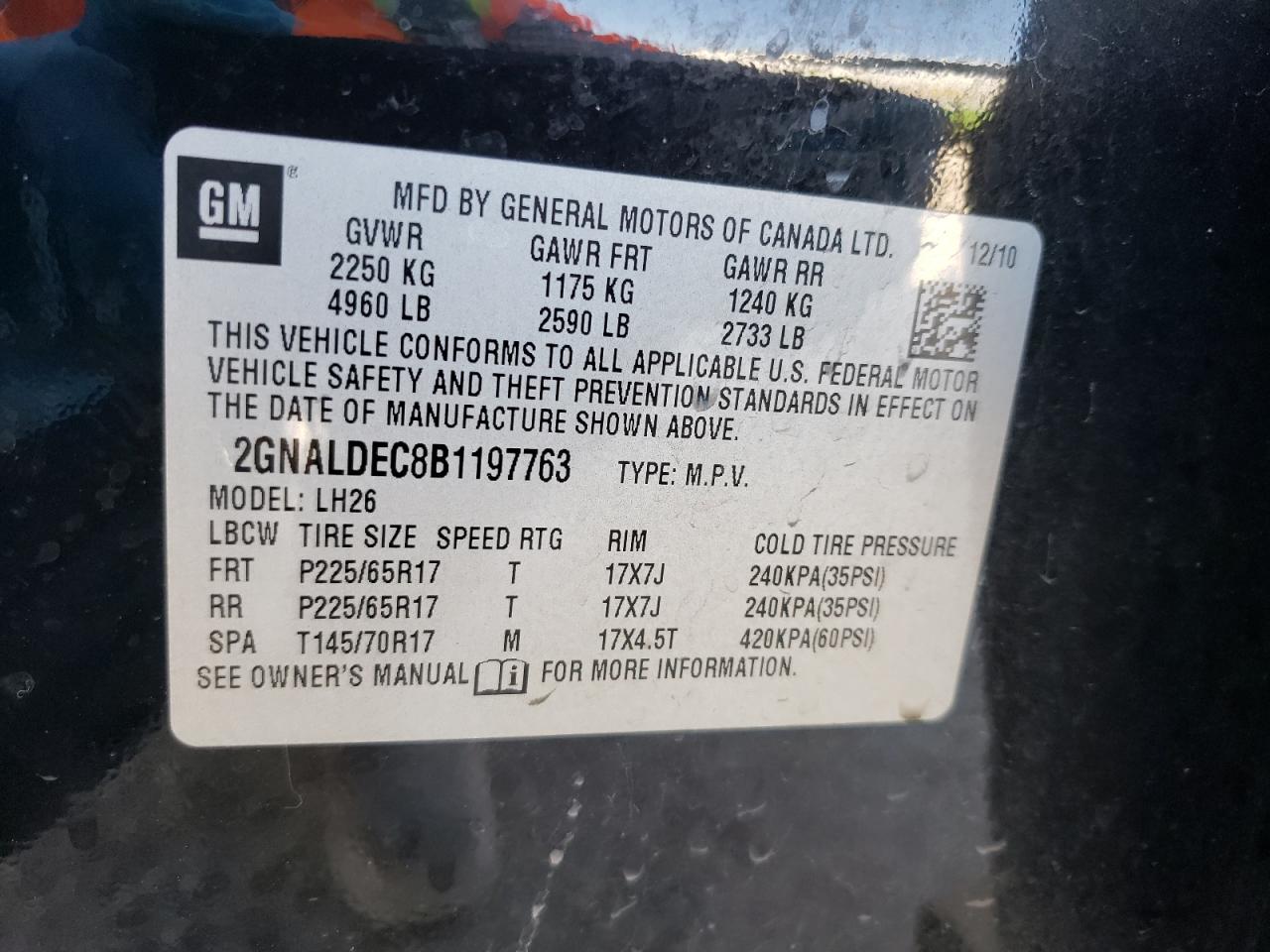 Photo 10 from auction – 2011 CHEVROLET EQUINOX LT with VIN 2GNALDEC8B1197763
