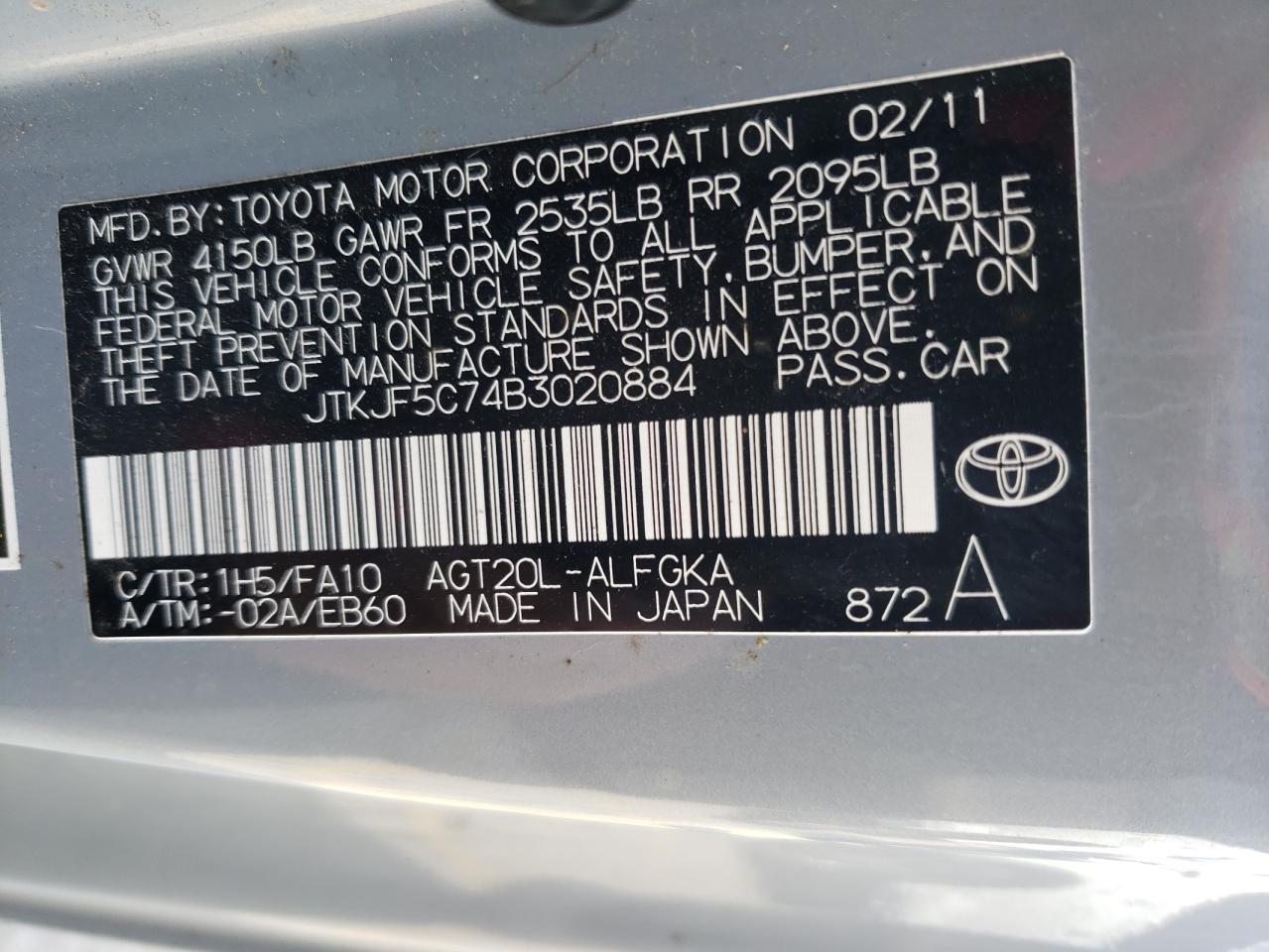 Photo 10 from auction – 2011 TOYOTA SCION TC with VIN JTKJF5C74B3020884
