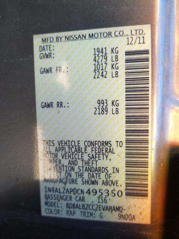 Photo 10 from auction – 2012 NISSAN ALTIMA BAS with VIN 1N4AL2AP0CN495350