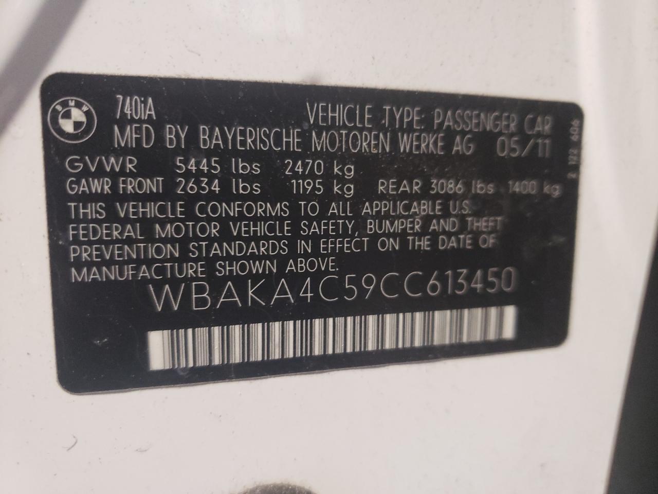 Photo 10 from auction – 2012 BMW 740 I with VIN WBAKA4C59CC613450