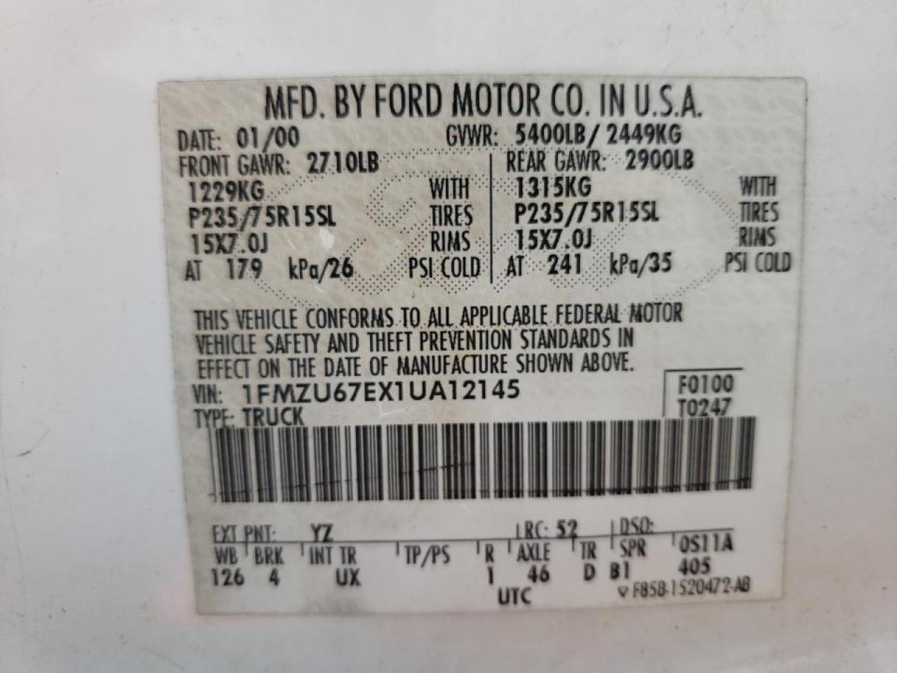 Photo 10 from auction – 2001 FORD EXPLORER S with VIN 1FMZU67EX1UA12145