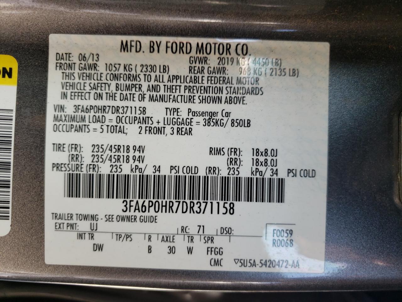 Photo 10 from auction – 2013 FORD FUSION SE with VIN 3FA6P0HR7DR371158