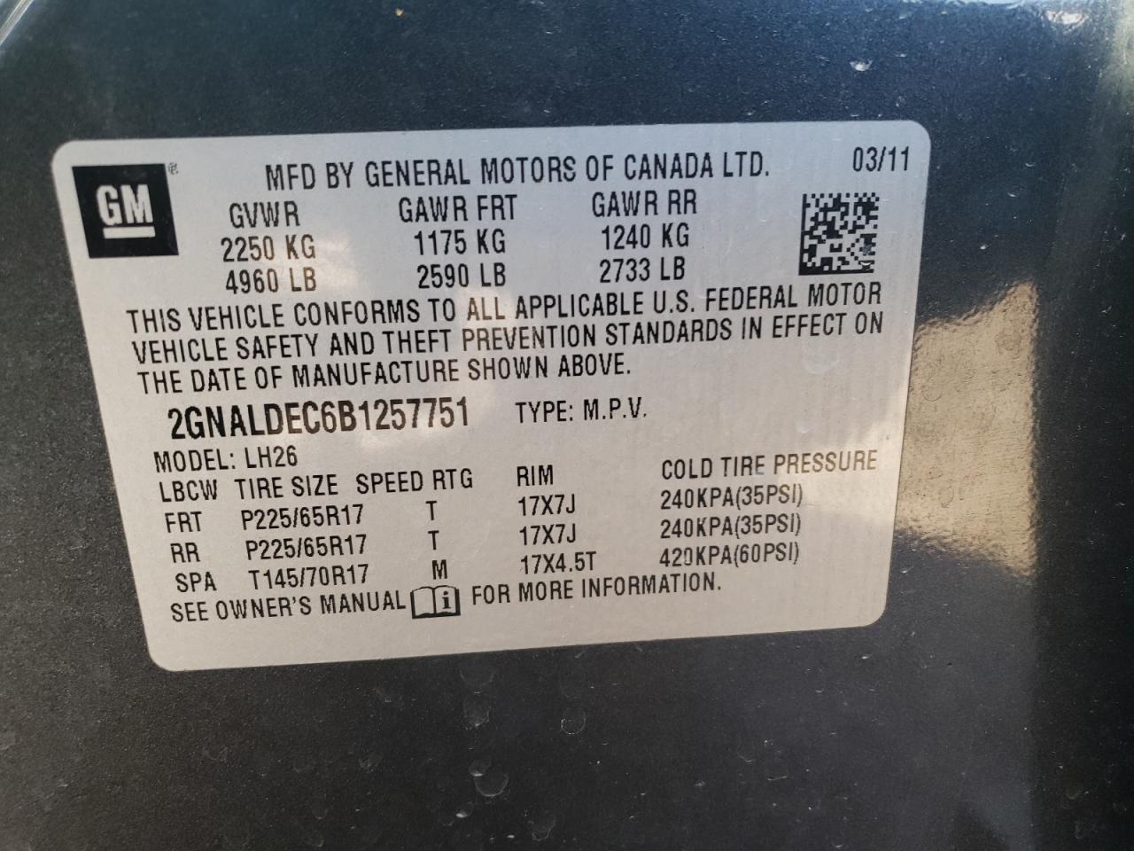 Photo 10 from auction – 2011 CHEVROLET EQUINOX LT with VIN 2GNALDEC6B1257751