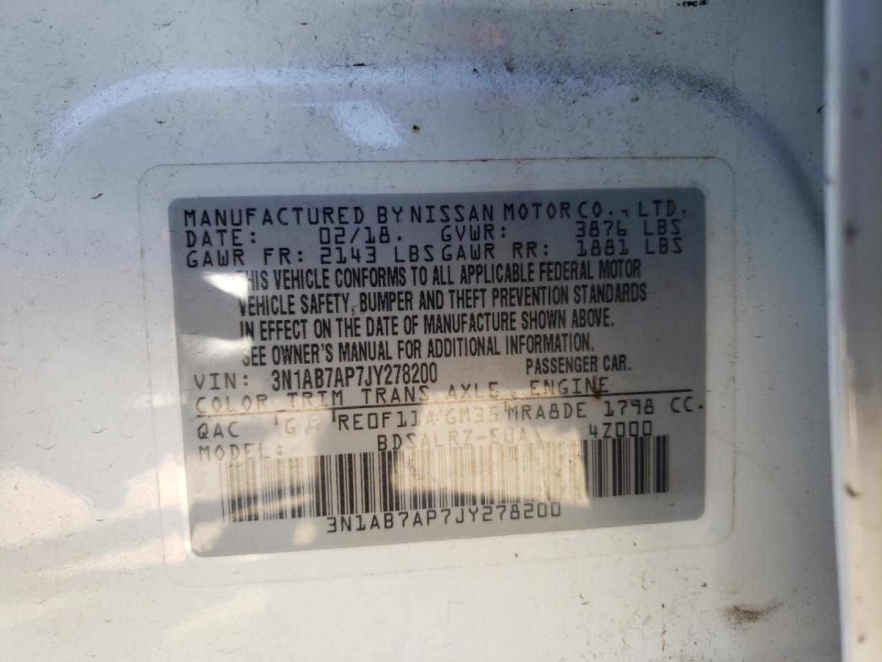 Photo 10 from auction – 2018 NISSAN SENTRA with VIN 3N1AB7AP7JY278200
