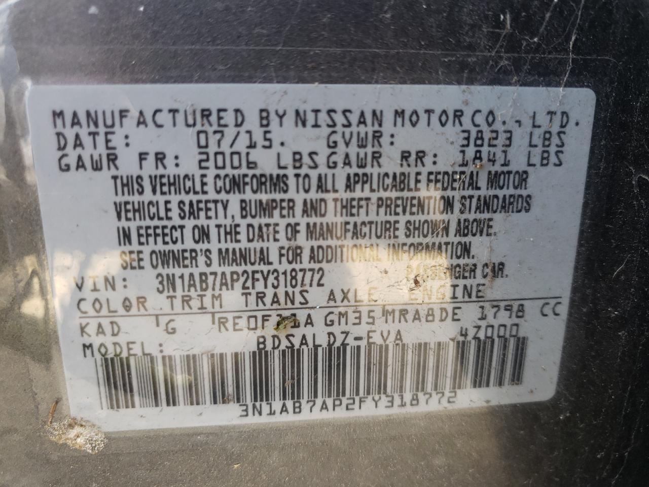 Photo 10 from auction – 2015 NISSAN SENTRA S with VIN 3N1AB7AP2FY318772