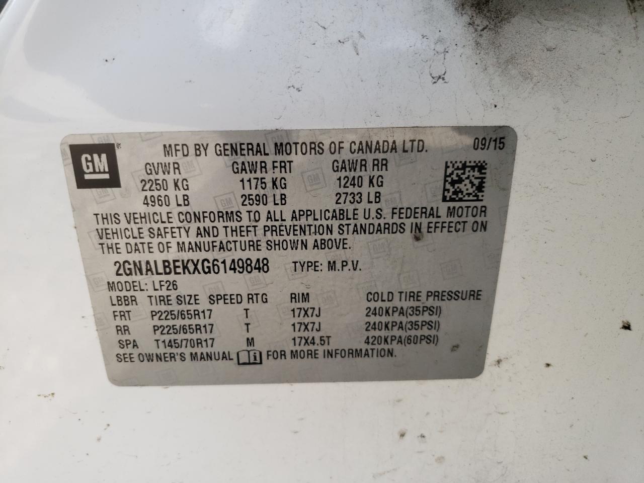 Photo 10 from auction – 2016 CHEVROLET EQUINOX LS with VIN 2GNALBEKXG6149848