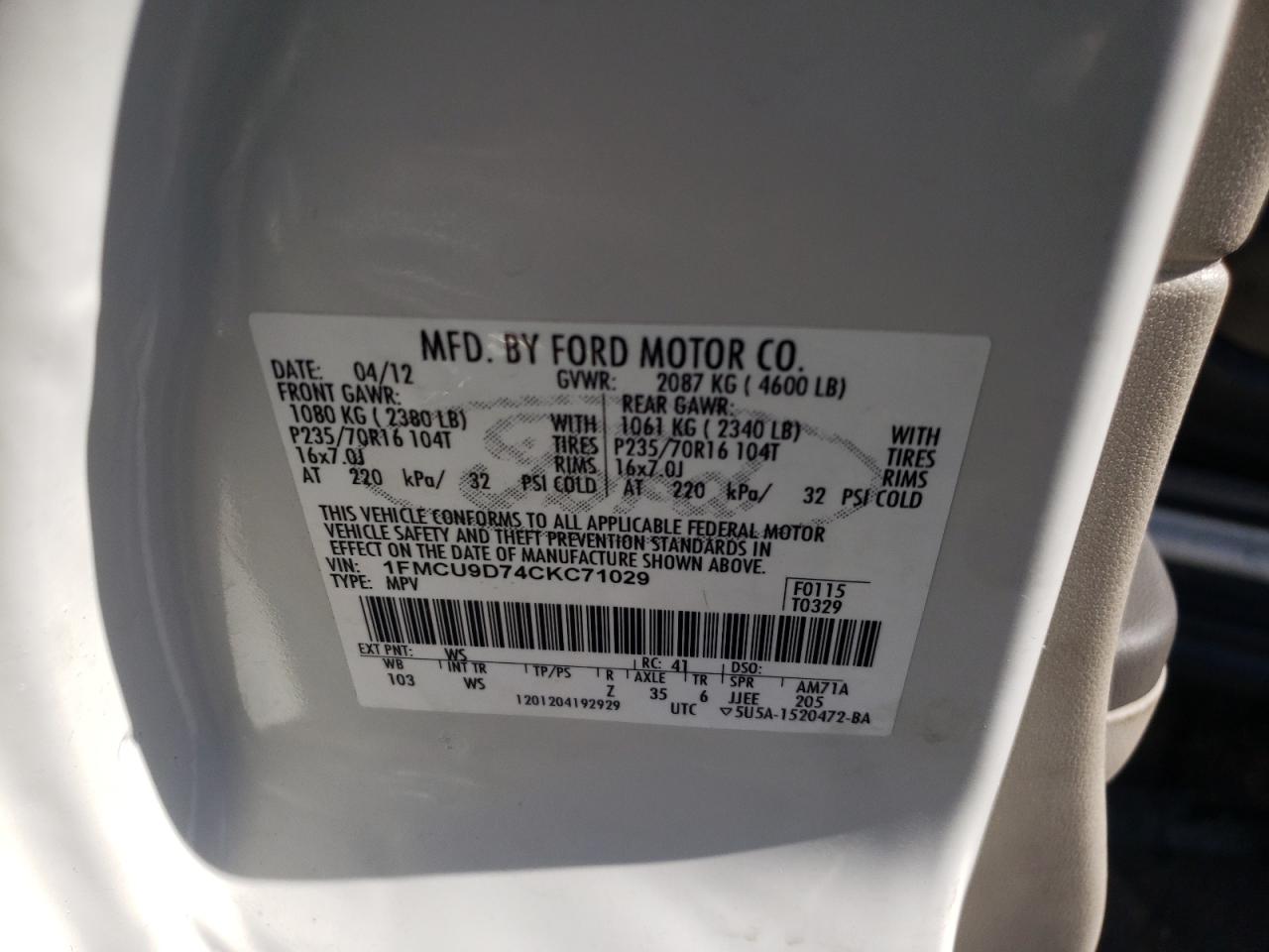 Photo 10 from auction – 2012 FORD ESCAPE XLT with VIN 1FMCU9D74CKC71029