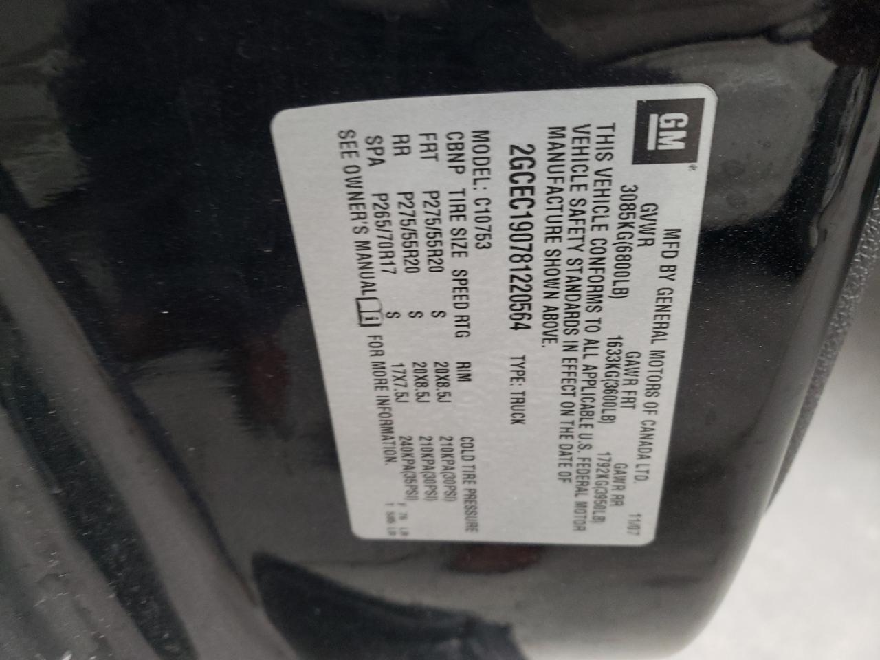 Photo 10 from auction – 2008 CHEVROLET SILVERADO with VIN 2GCEC190781220564