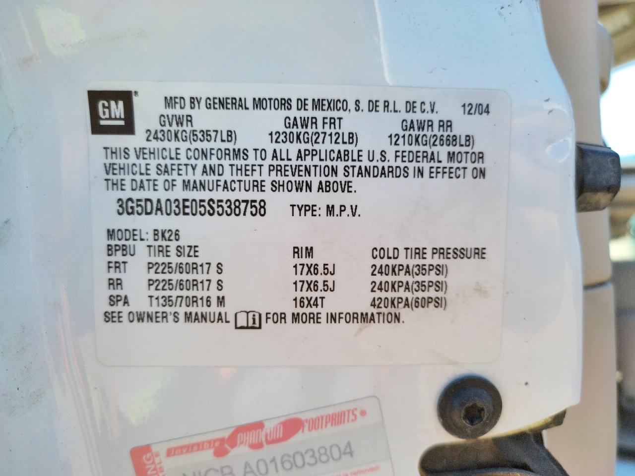Photo 10 from auction – 2005 BUICK RENDEZVOUS with VIN 3G5DA03E05S538758