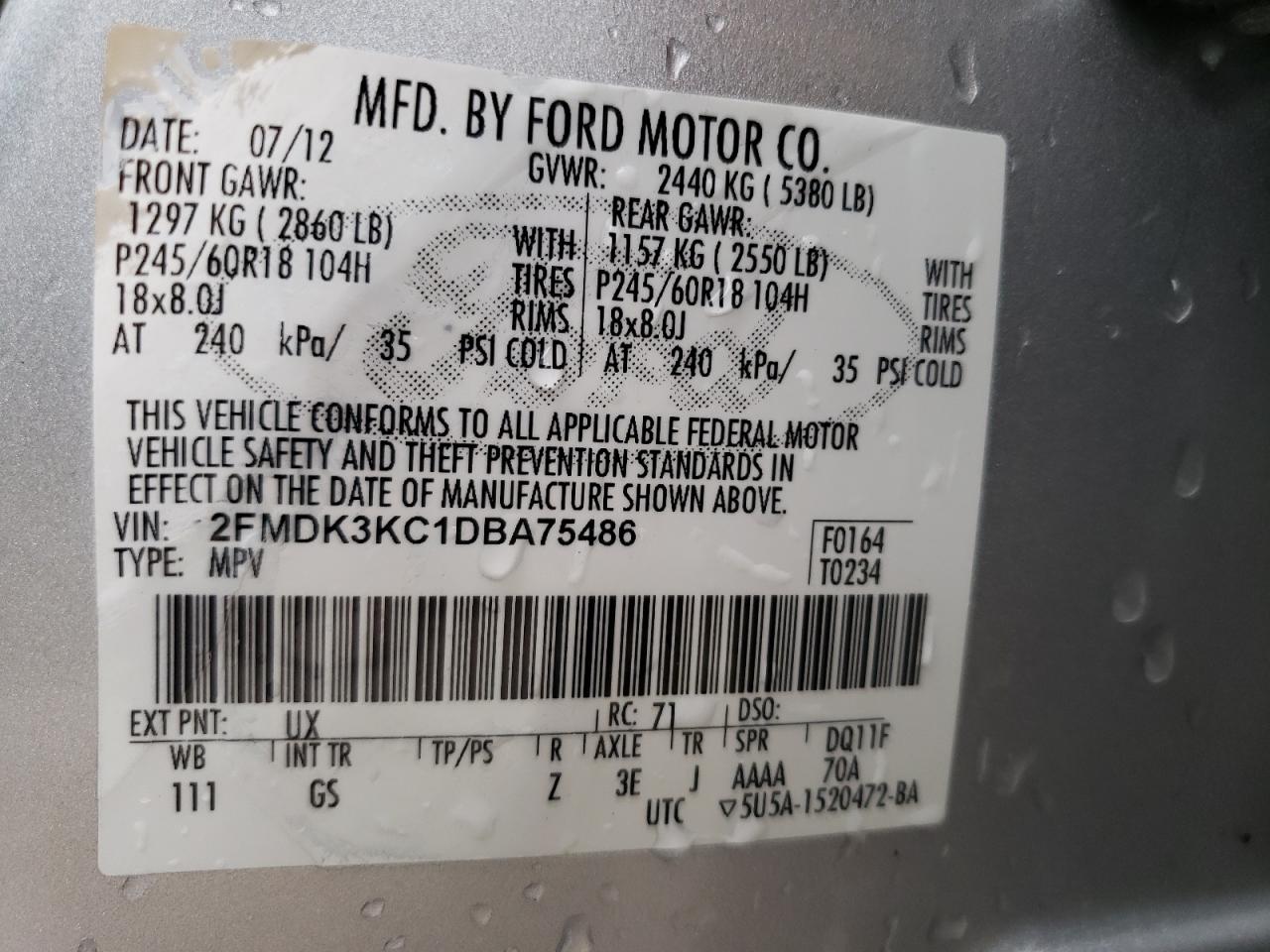 Photo 10 from auction – 2013 FORD EDGE LIMIT with VIN 2FMDK3KC1DBA75486