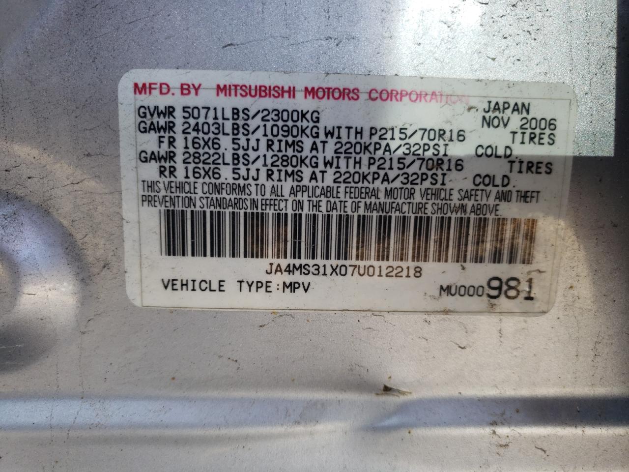 Photo 10 from auction – 2007 MITSUBISHI OUTLANDER with VIN JA4MS31X07U012218