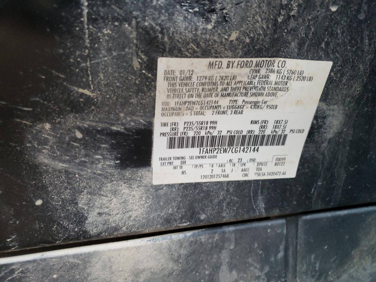 Photo 10 from auction – 2012 FORD TAURUS SEL with VIN 1FAHP2EW7CG142144