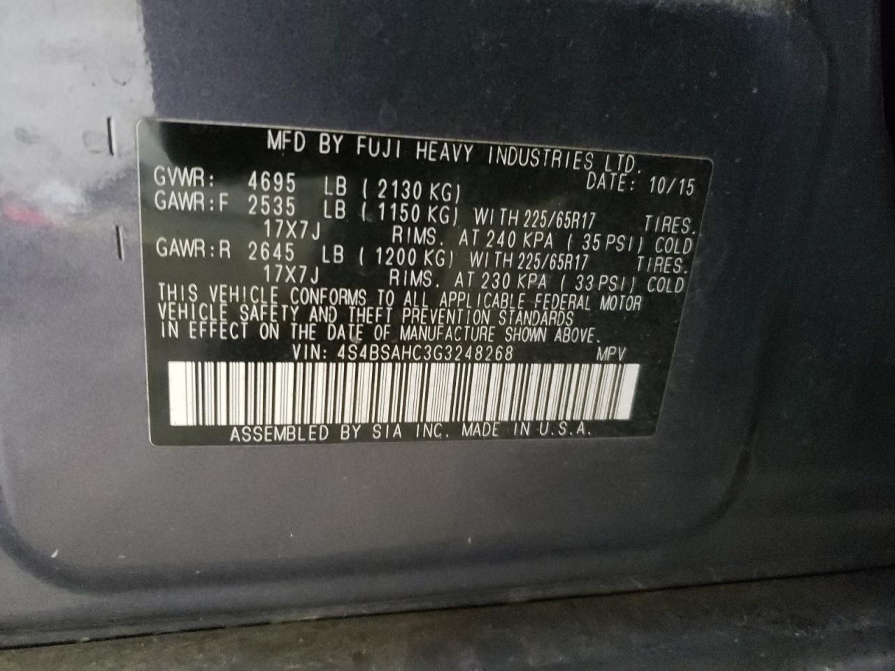 Photo 10 from auction – 2016 SUBARU OUTBACK 2. with VIN 4S4BSAHC3G3248268