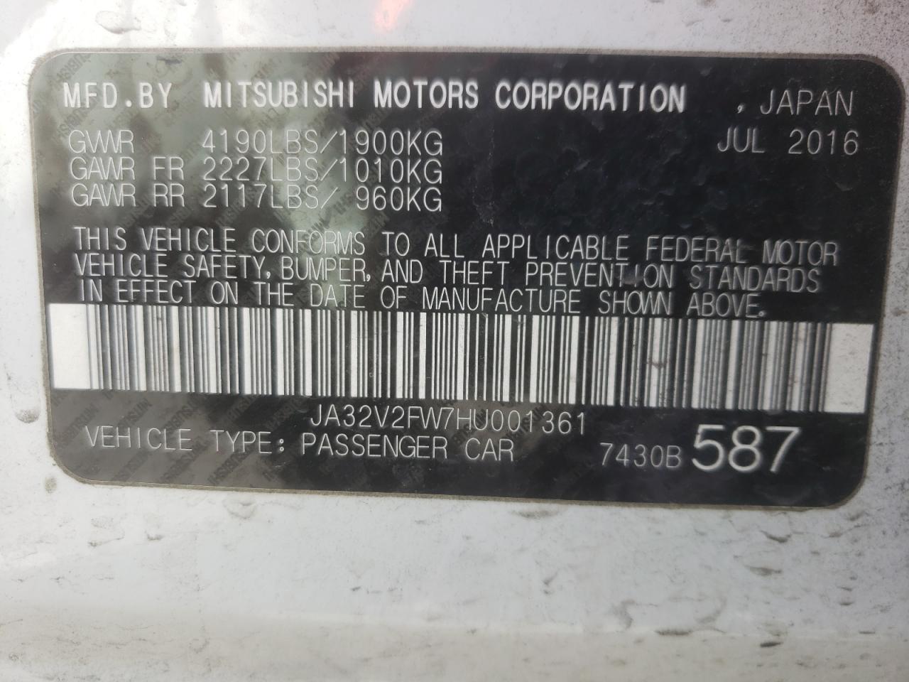 Photo 10 from auction – 2017 MITSUBISHI LANCER ES with VIN JA32V2FW7HU001361