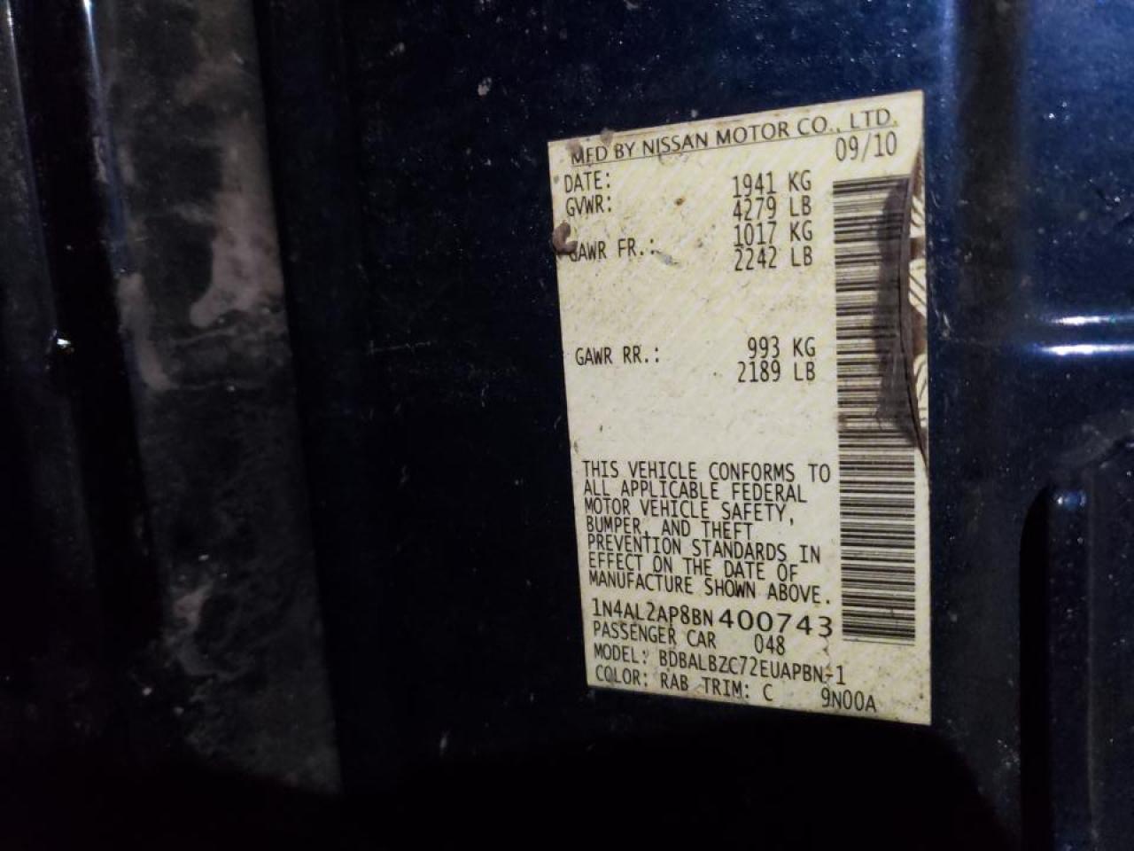 Photo 19 from auction – 2011 NISSAN ALTIMA BAS with VIN 1N4AL2AP8BN400743