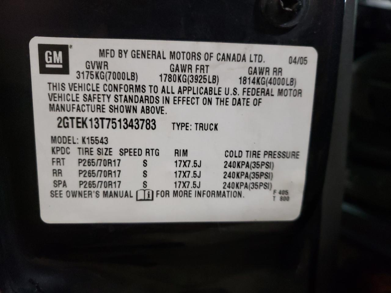 Photo 10 from auction – 2005 GMC NEW SIERRA with VIN 2GTEK13T751343783
