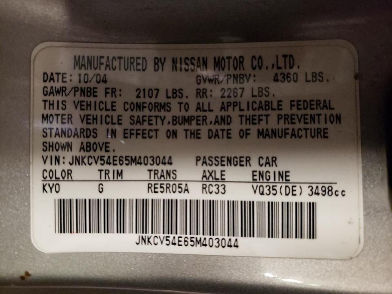 Photo 10 from auction – 2005 INFINITI G35 with VIN JNKCV54E65M403044