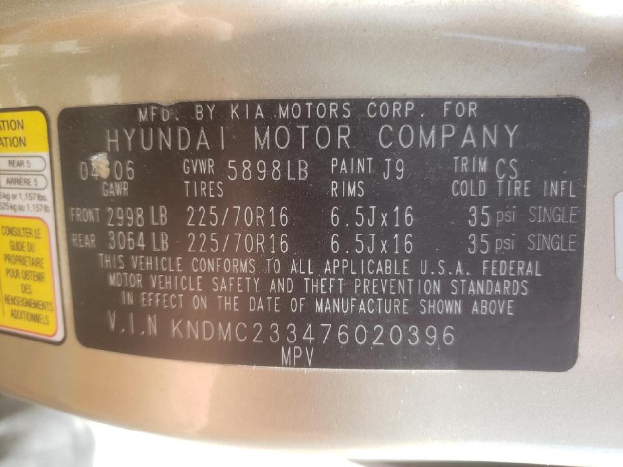 Photo 10 from auction – 2007 HYUNDAI ENTOURAGE with VIN KNDMC233476020396