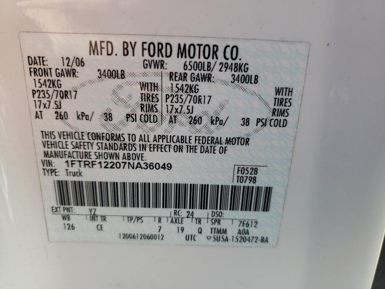 Photo 10 from auction – 2007 FORD F150 with VIN 1FTRF12207NA36049