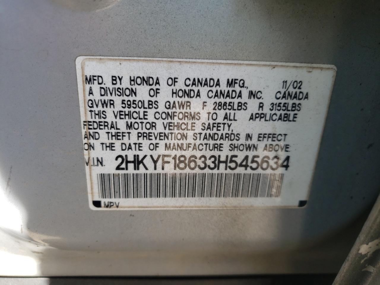 Photo 10 from auction – 2003 HONDA PILOT EXL with VIN 2HKYF18633H545634