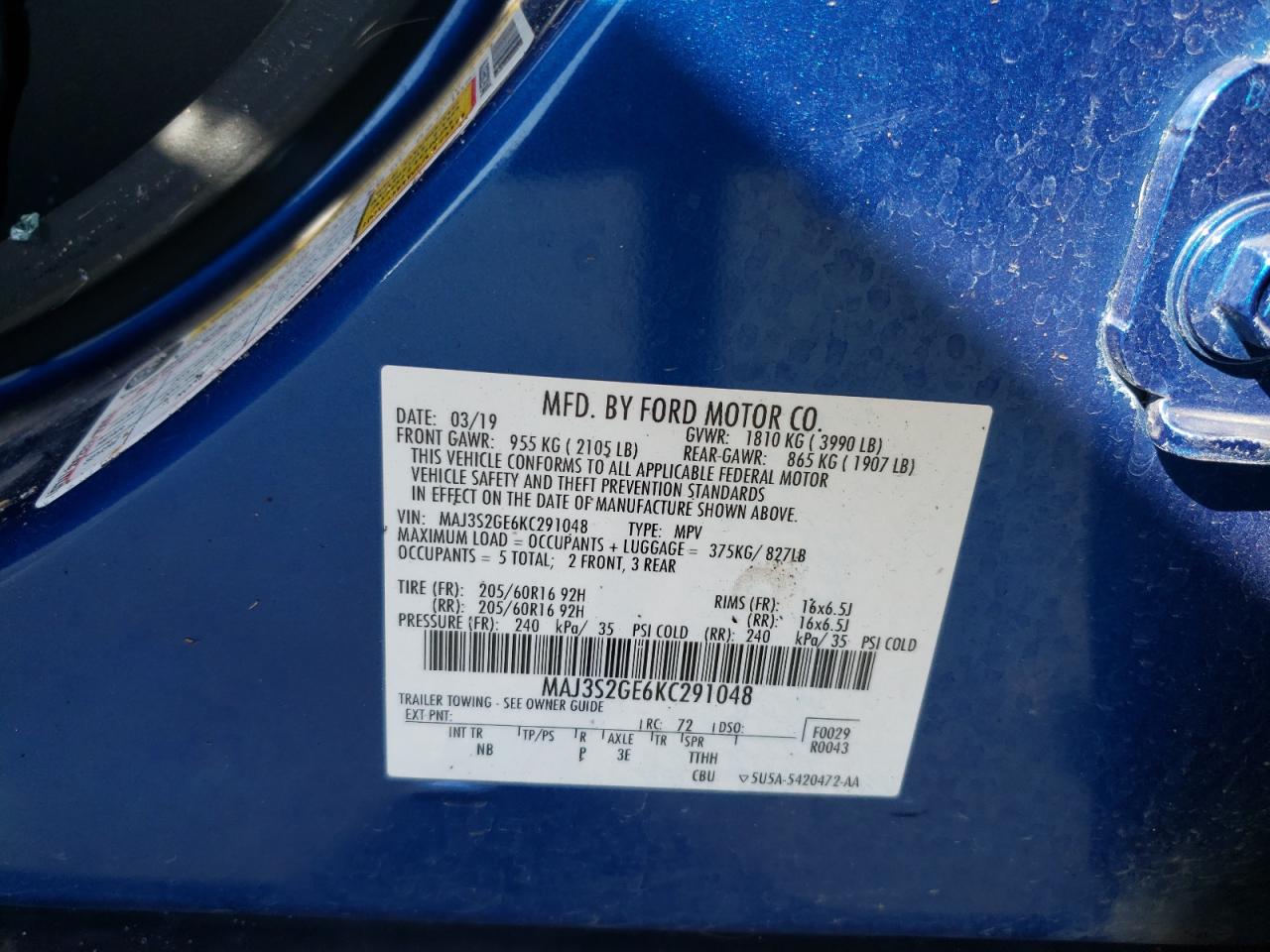 Photo 10 from auction – 2019 FORD ECOSPORT S with VIN MAJ3S2GE6KC291048