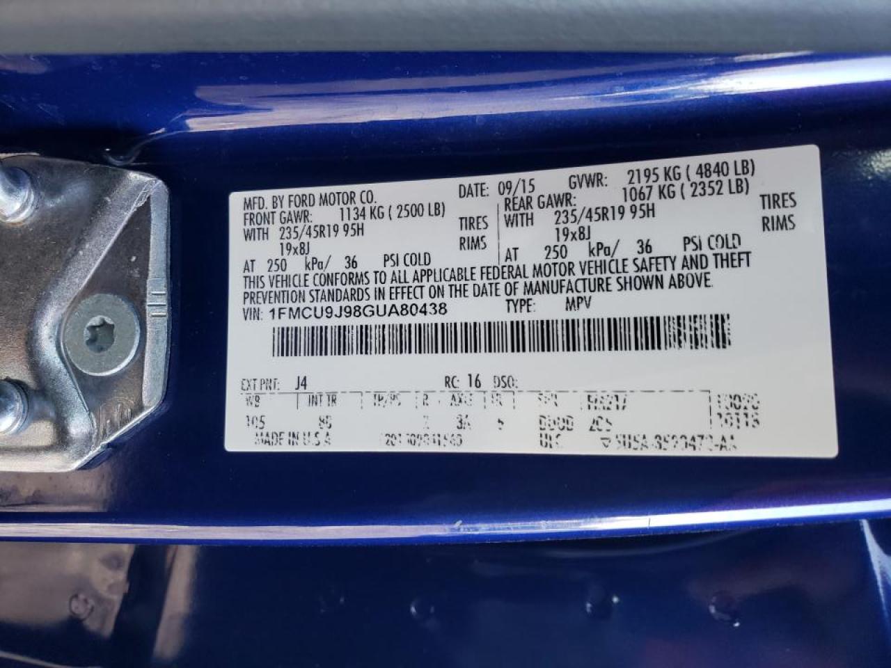 Photo 10 from auction – 2016 FORD ESCAPE with VIN 1FMCU9J98GUA80438