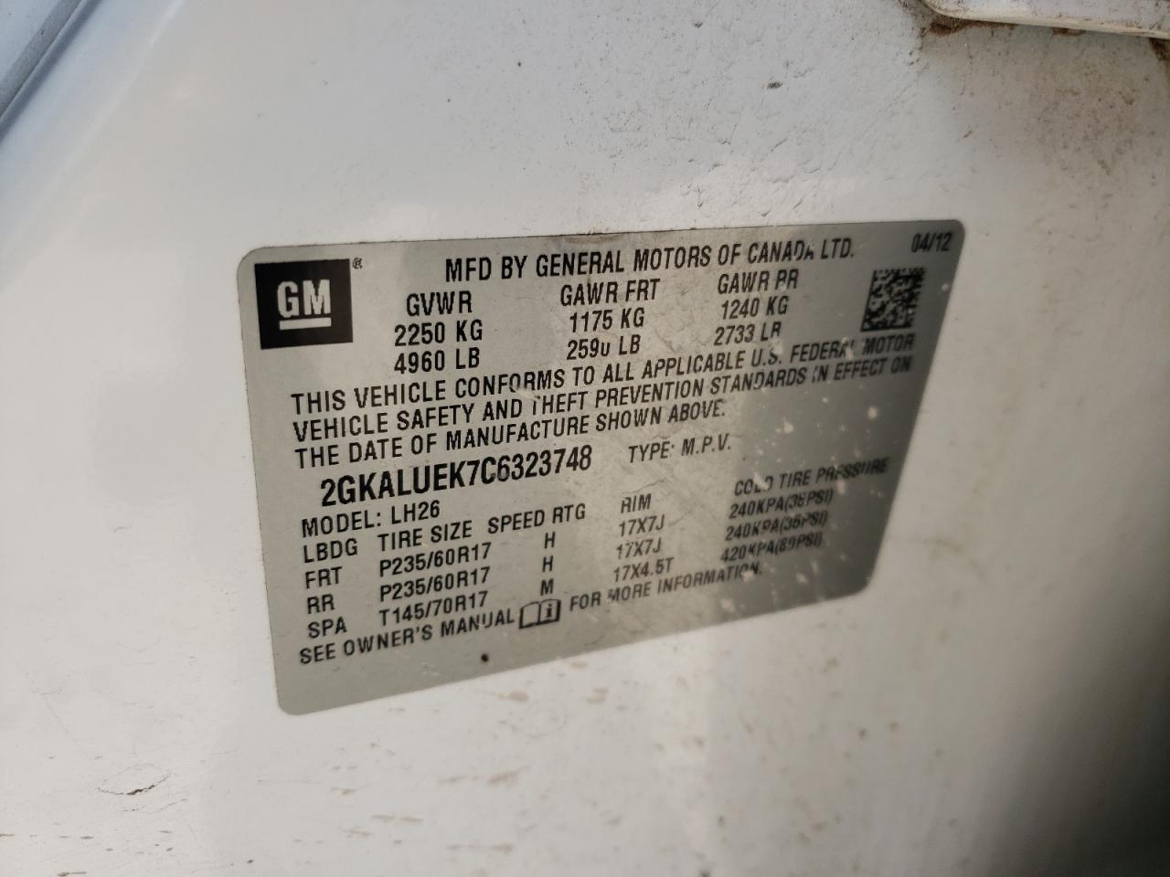 Foto 10 de la subasta – 2012 GMC TERRAIN SL con VIN 2GKALUEK7C6323748