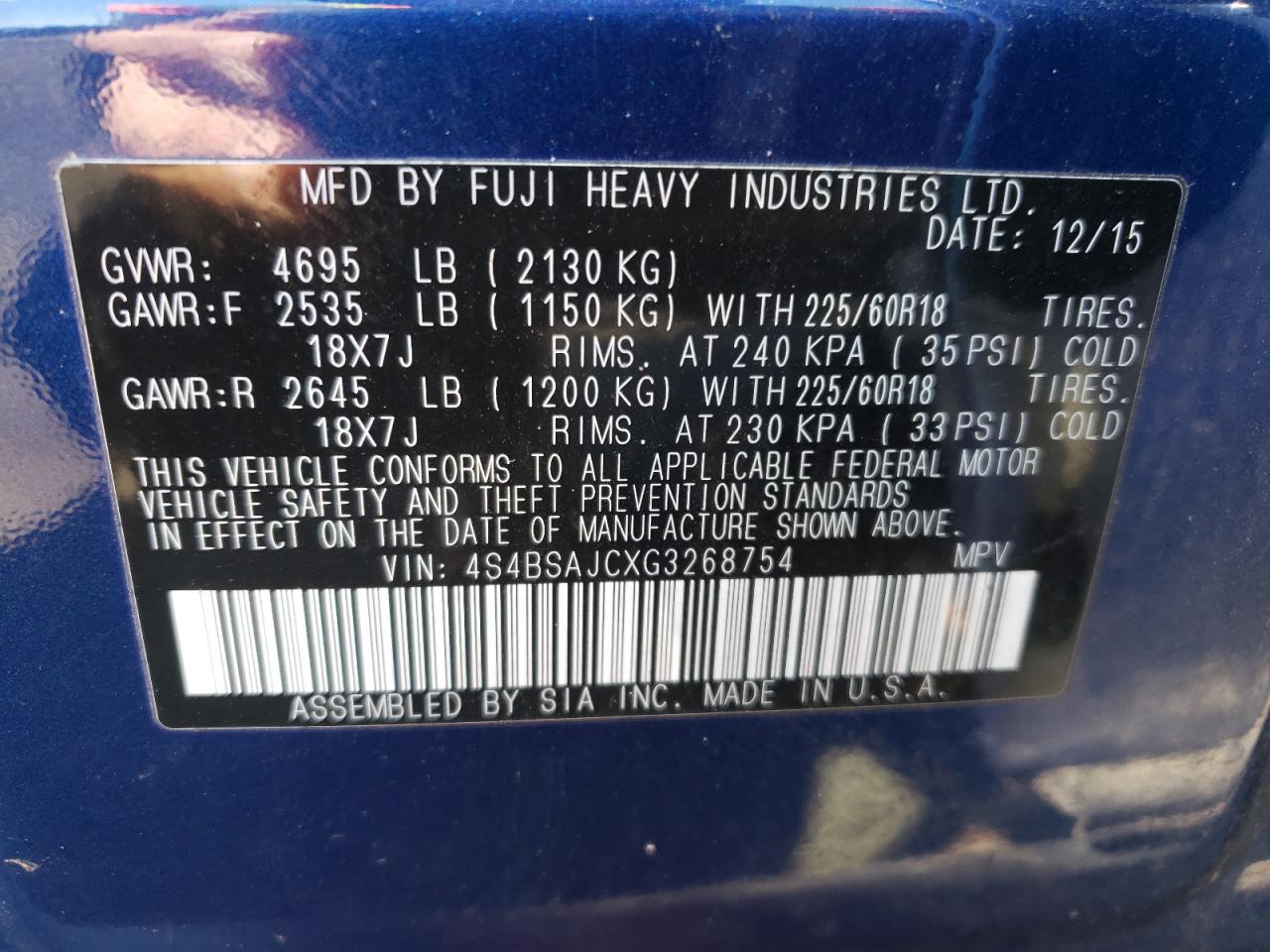 Photo 10 from auction – 2016 SUBARU OUTBACK 2. with VIN 4S4BSAJCXG3268754