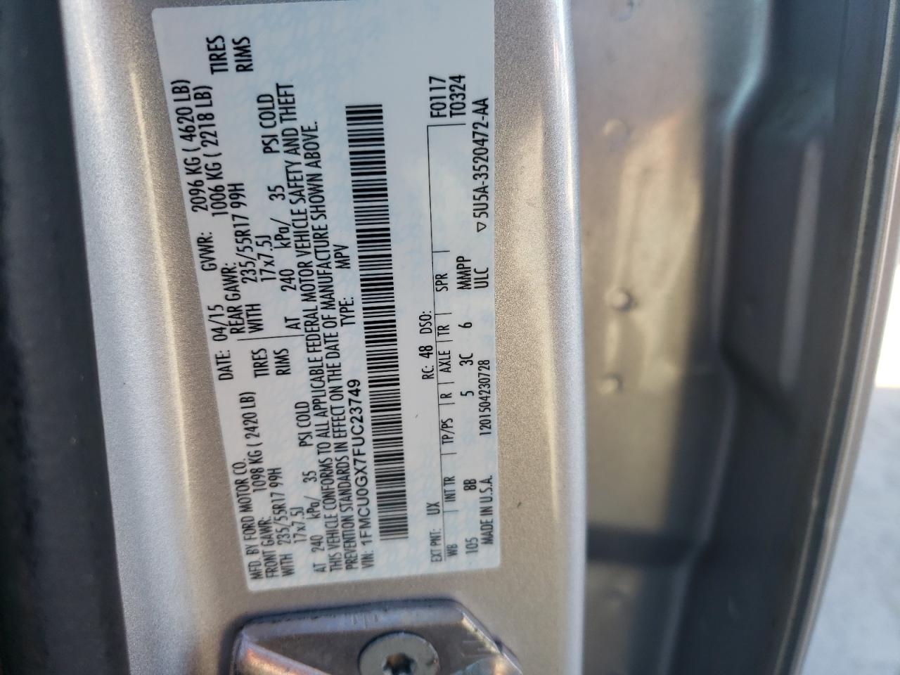 Photo 10 from auction – 2015 FORD ESCAPE SE with VIN 1FMCU0GX7FUC23749