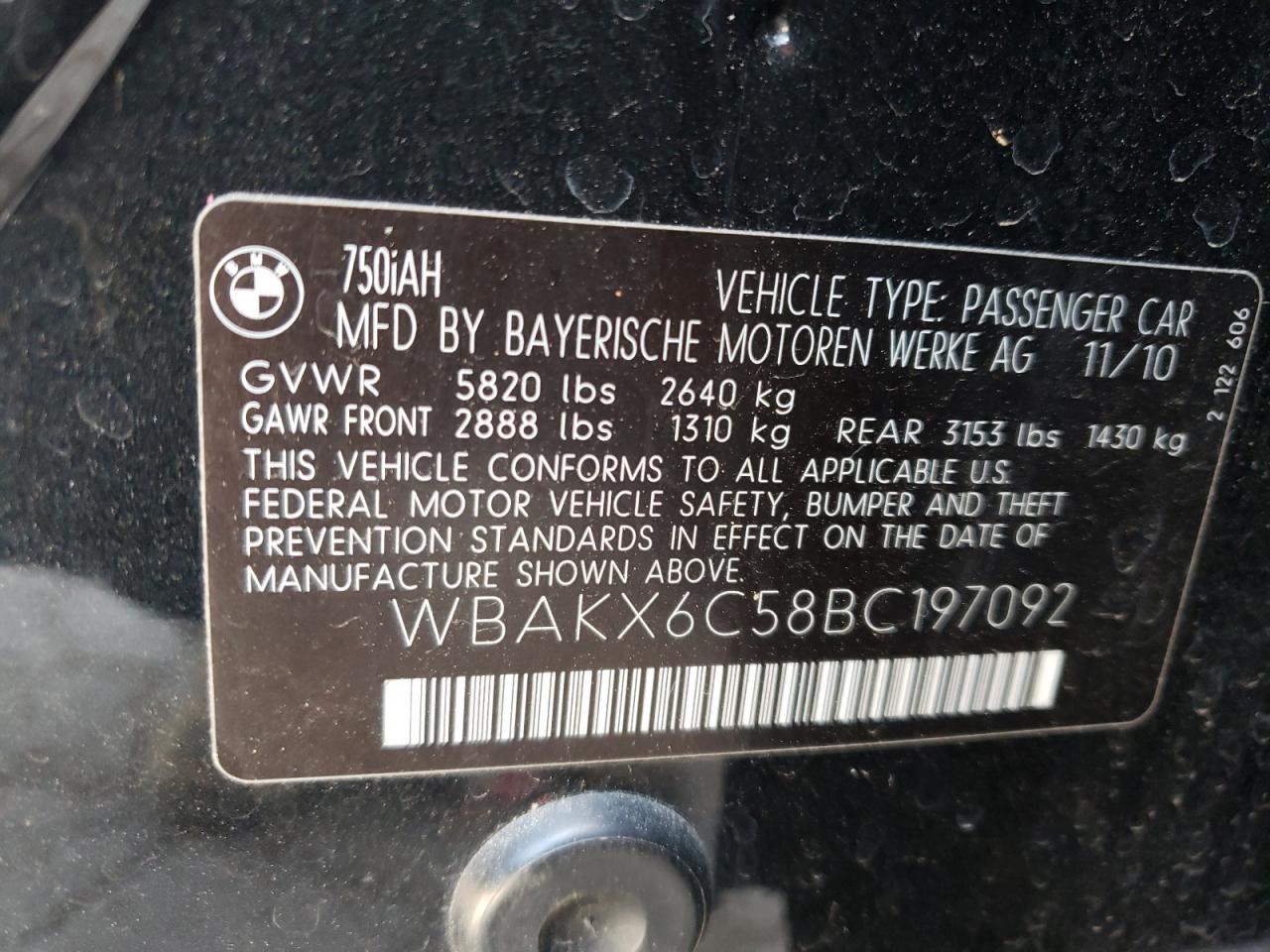 Photo 10 from auction – 2011 BMW 750 I with VIN WBAKX6C58BC197092