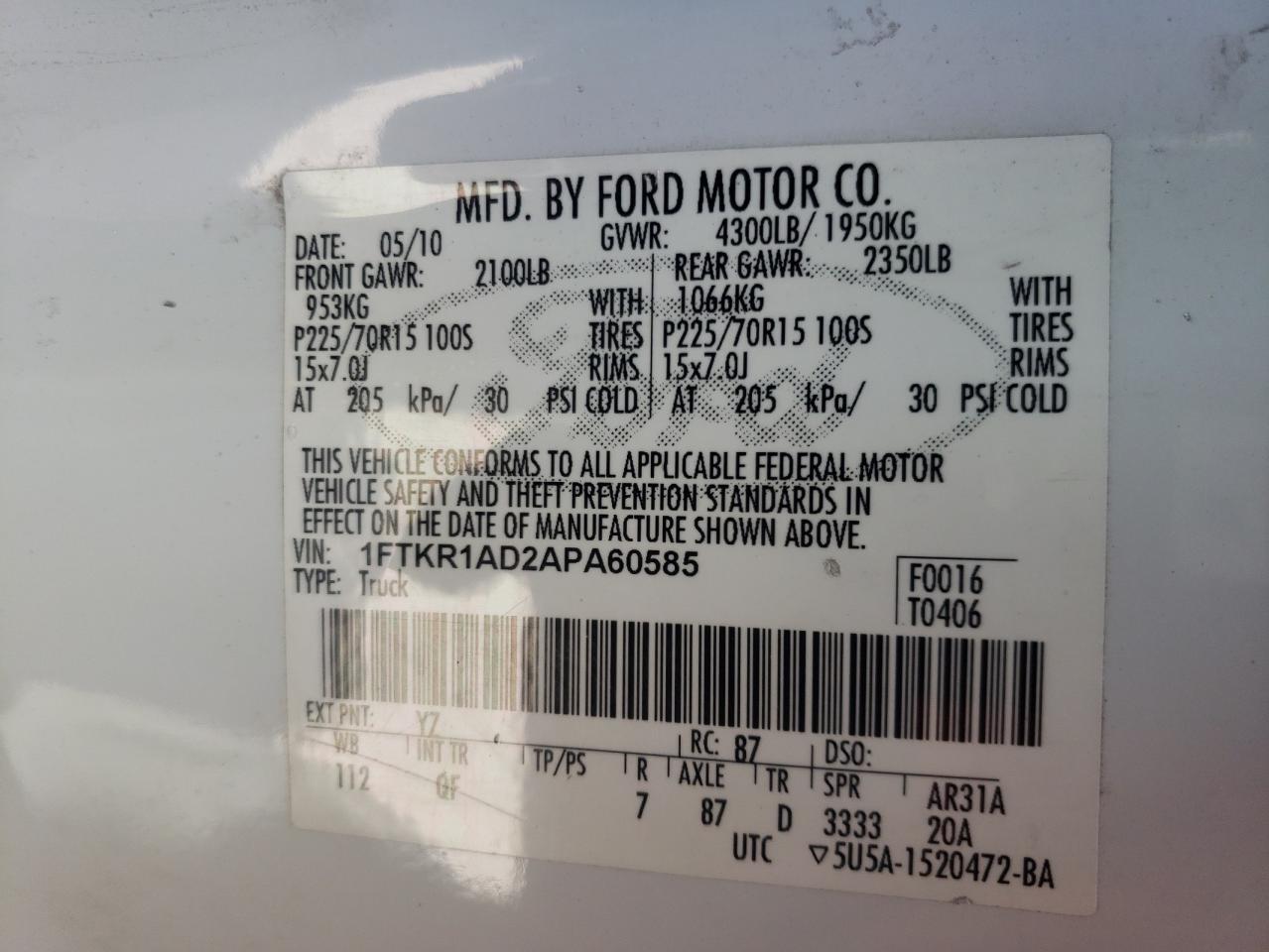Photo 10 from auction – 2010 FORD RANGER with VIN 1FTKR1AD2APA60585