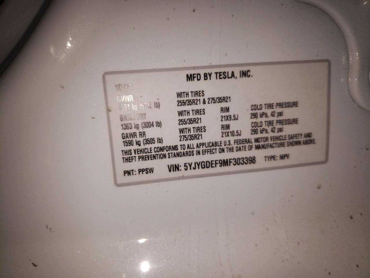 Photo 10 from auction – 2021 TESLA MODEL Y with VIN 5YJYGDEF9MF303398
