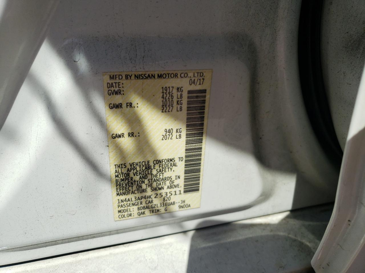 Photo 10 from auction – 2017 NISSAN ALTIMA 2.5 with VIN 1N4AL3AP4HC253511