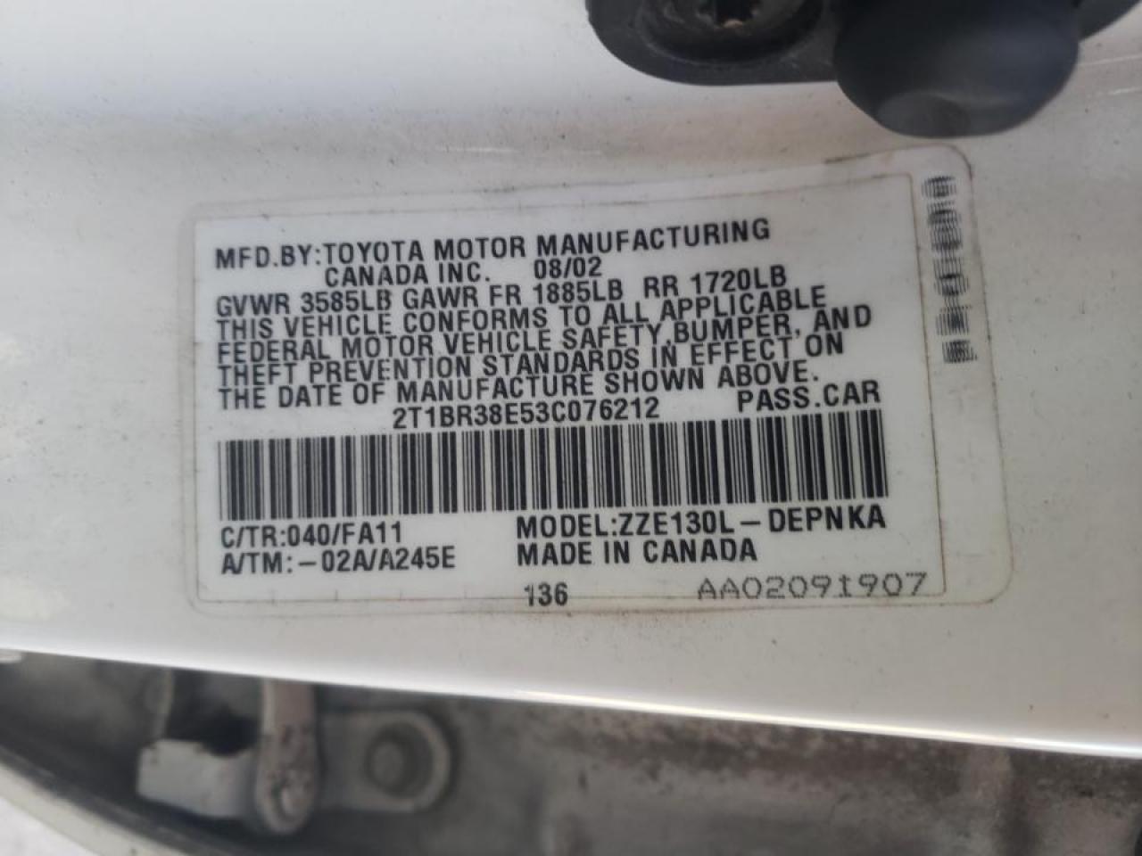 Photo 10 from auction – 2003 TOYOTA COROLLA CE with VIN 2T1BR38E53C076212