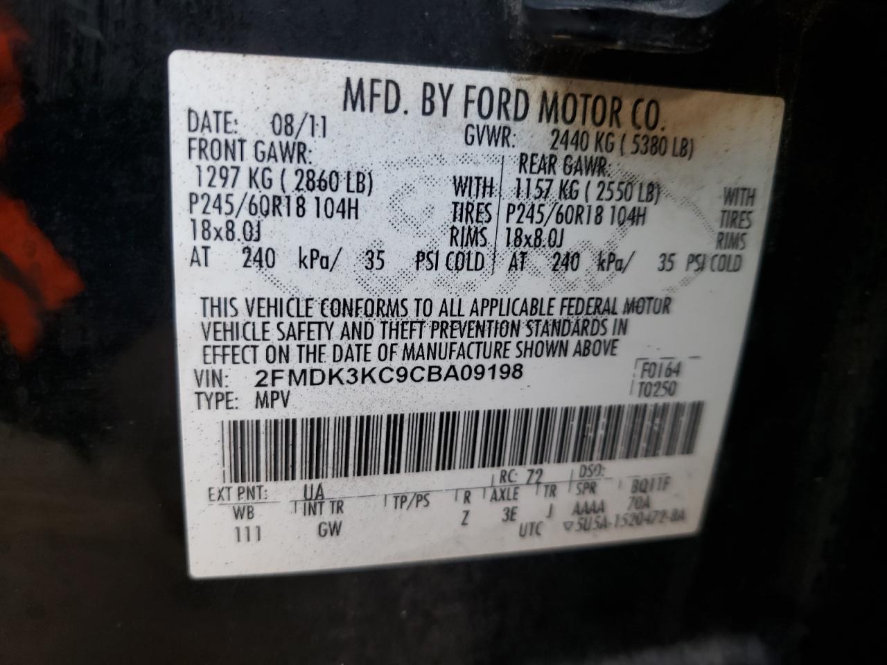 Photo 10 from auction – 2012 FORD EDGE LIMIT with VIN 2FMDK3KC9CBA09198